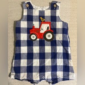 Mud Pie Blue and White Plaid Jon Jon with Red Tractor